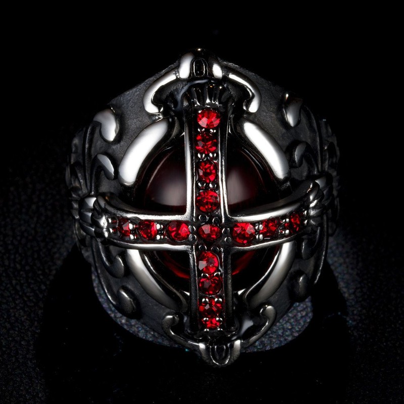 JIPSJICI Mens Stainless Steel Vintage Ruby Stone Cross Ring Silver