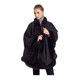 CASHMERE BLEND CAPE WITH FAUX FUR TRIM-Faux Fur-Fur-Cape-Cashmere-Caplet-Wrap-Shrug-Sweater-Poncho (Ebony Black)