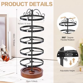 FODIENS 5 Tiers Rotating Earring Holder Organizer, Adjustable Metal Earring Display Stand with Wooden Tray, 220 Holes Earring Tree Storage Tower Rack for Women Girls (Black)