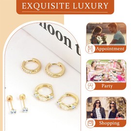 3Pairs Gold Huggie Hoop Stud Earrings Set for Women Trendy, Dainty Small 14K Gold Plated Hypoallergenic Earrings for Multiple Piercing, Minimalist CZ Cartilage Earrings for Women