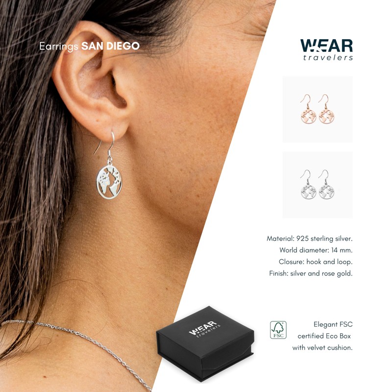 925 Sterling Silver World Map Earrings - Nickel Free and