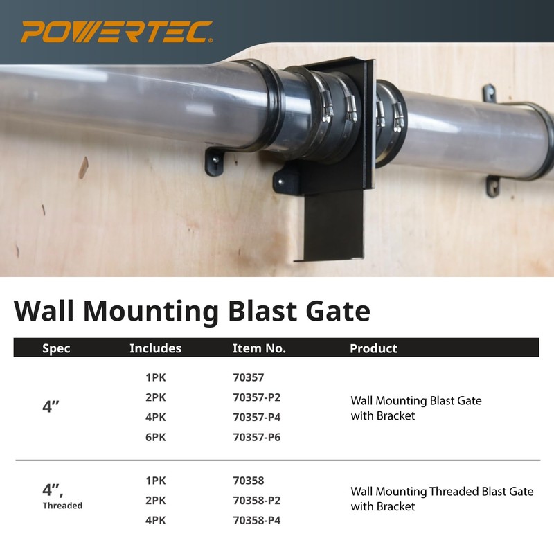 POWERTEC 70357 4 Inch Wall Mounting Blast Gate with Bracket
