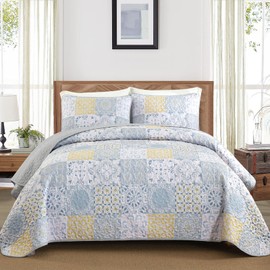 Dobuyly King Size Quilt Set 3 Pieces, Blue/Yellow/Grey Patchwork Bedspreads, Boho Summer Coverlet Set, Soft Lightweight Microfiber Bedding Set for All Seasons 110"x90"