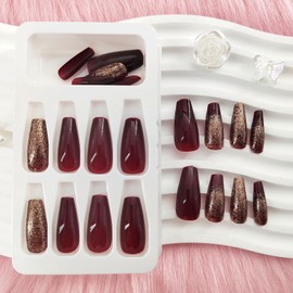 Burgundy Glue on Nails Medium Length Coffin Press on Nails Medium Fake Nails with Glue Golden Glitter Designs Burgundy False Nails Press ons Full Cover Stick on Nails for Women 24 Pcs