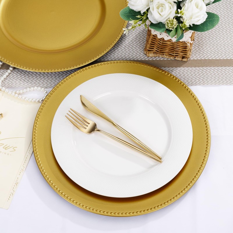 supernal 12pcs Gold Charger Plates,13inch Plastic Round Beaded Plates Decorative