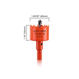 Hole Saw 45 mm Orange High-Speed Steel HSS M42 Bi-Metal Hole Saw Wood Hole Cutter with Hex Shank and Drill Bit with 30 mm Cutting Depth for Wood, Drywall and Sheet Metal