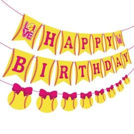Softball Themed Birthday Decorations for Girls, Happy Birthday Banner, Fast Pitch Garland Sports Player Party Supplies Pink and Yellow