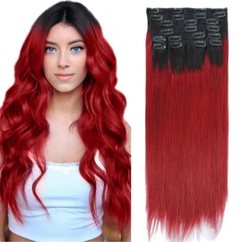 150g 20 inch 8Pcs 22Clip Hair Extensions Clip ins Clip in Hair Extensions Real Human Hair Straight Human Hair Clip ins Double Weft Human Hair Clip in Extensions(#1B/99J Burgundy Color)