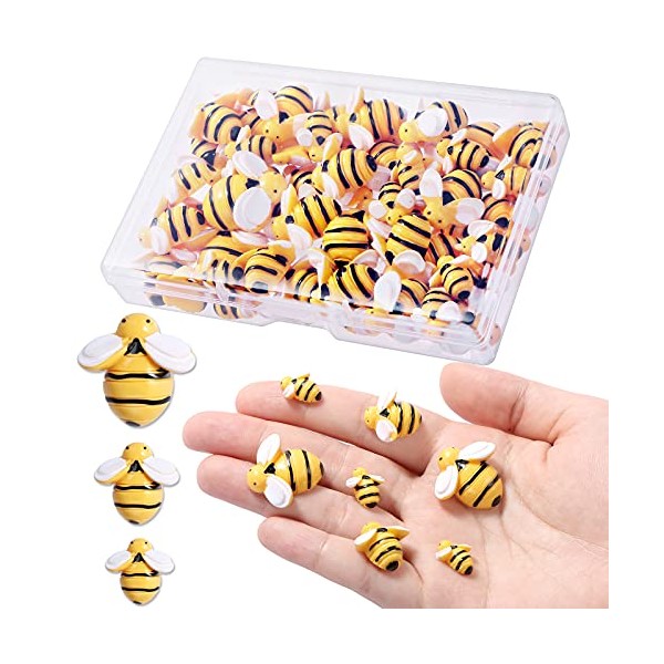 MIKIMIQI 40 Pcs Tiny Resin Bees Decor Bumble Bee Embellishment Resin Bees Craft Decorations with Storage Box for DIY Craft Wreath Scrapbooking Party Home Decor, 0.98 in, 0.74 in, 0.55 in