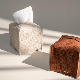 OLETHA Square Tissue Box Cover - Aesthetic Desk Decor for Room, Home & Office - Tissues Cube Boxes Holder - Lattice Patterns, Light Taupe