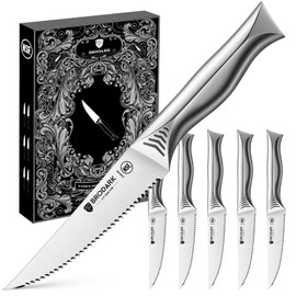 BRODARK Steak Knives Set of 6, 4.5 Inch Serrated Steak Knives, High Carbon Stainless Steel Kitchen Steak Knife Set, Never Need Sharpening, NSF Certified, Shark Series