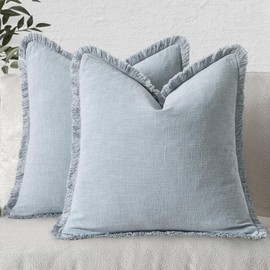 MIULEE Decorative Throw Pillow Covers Neutral Linen Fringe Throw Pillows Set of 2 Sky Blue Boho Farmhouse Cushion Covers for Couch Sofa Bed Living Room Spring Home Decor 18x18 Inch