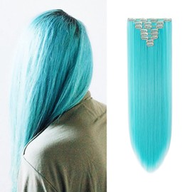 Benehair 8PCS Clip in Hair Extensions for Women Sky Blue Highlight Hair Extensions Seamless Double Weft Full Head 18 Clips Women Colorful Hairpiece 26" Straight Cosplay Christmas Party