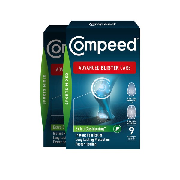 Compeed Advanced Blister Care 9 Count Sports Mixed (2 Packs), Hydrocolloid Bandages, Heel Blister Patches, Blister on Foot, Blister Prevention & Treatment Help, Waterproof Cushions
