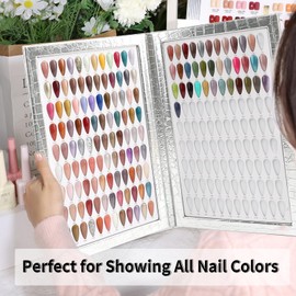YINGJEE 216 Nail Colors Book, Nail Display Chart Book with 240 Nail Tips & 1-300 Number Labels, Professional Nail Color Swatches Book for Nail Polish UV Gel Salon (Silver, Size 01)