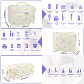 Makeup Bag Set, Quilted Makeup Bag, Large Floral Cosmetic Bag for Women, Cute Cotton Makeup Bag, Flower Travel Toiletry Organizer Bag (Yellow Daylily)