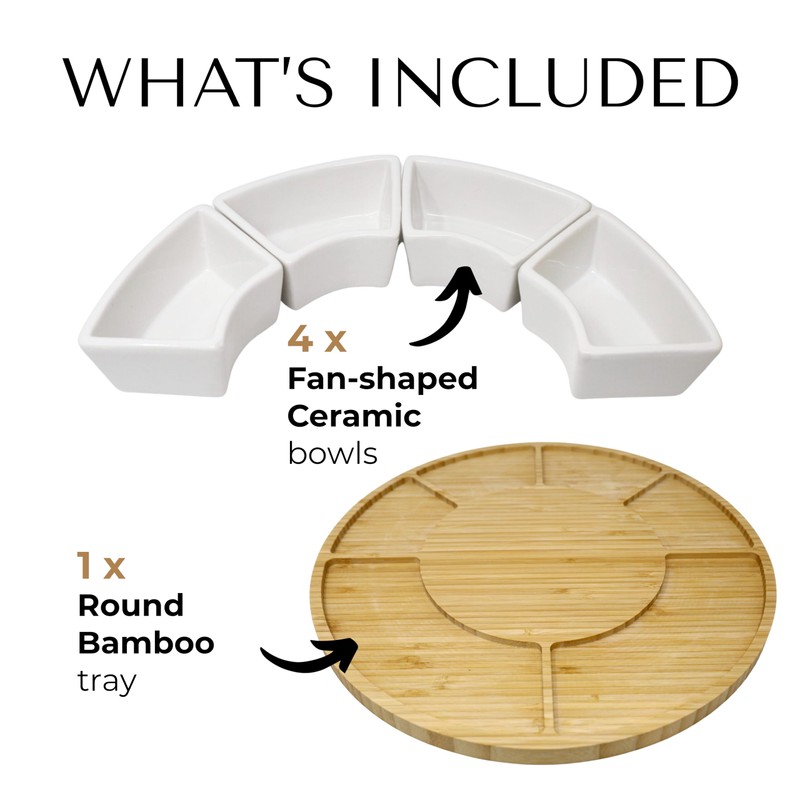 JS Gourmet Bamboo Cheese Board with 4 Ceramic Bowls, Round
