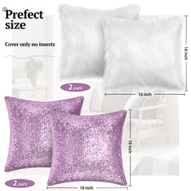 Irenare 4 Pcs Sequin and Fluffy Pillow Covers Winter Faux Fur Throw Pillow Covers Glitter Bling Pillow Cases Soft Fuzzy Cushion Cover for Couch Bed Sofa Xmas Day(18 x 18 Inch,Purple, White)