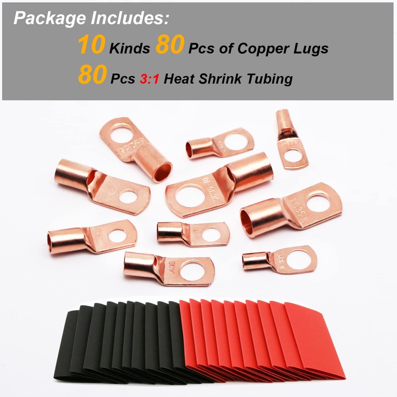 TKDMR 160Pcs Copper Wire Lugs AWG2 4 6 8 10