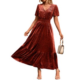 Simplee Womens Fall Velvet Dress - Short Sleeve V Neck Floral Maxi Dress Long Formal Winter Wedding Guest Dresses Reddish Orange L