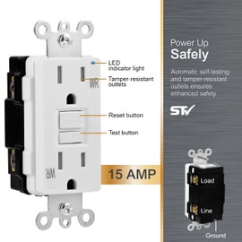 GE 15A GFCI Receptacle, Tamper Resistant, Weather Resistant, UL Listed, 120V, Self-Test, LED Indicator, NEC Compliant White, Wall Plate Not Included, 40687