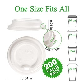 ECOLipak 100% Compostable Coffee Cup Lids 200 Count，3.54 inch Disposable Cup Lid Made from Sugarcane, Suitable for 10 oz, 12 oz, 16 oz, and 20 oz Paper Cups