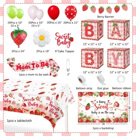 Lopeastar 16Ft Strawberry Baby Shower Decorations Balloons Boxes Kit, Berry Sweet Shortcake Baby Shower Balloon Arch Baby Boxes Backdrop Banner Tablecloth Cupcake Topper Mom to Be Sash Kit