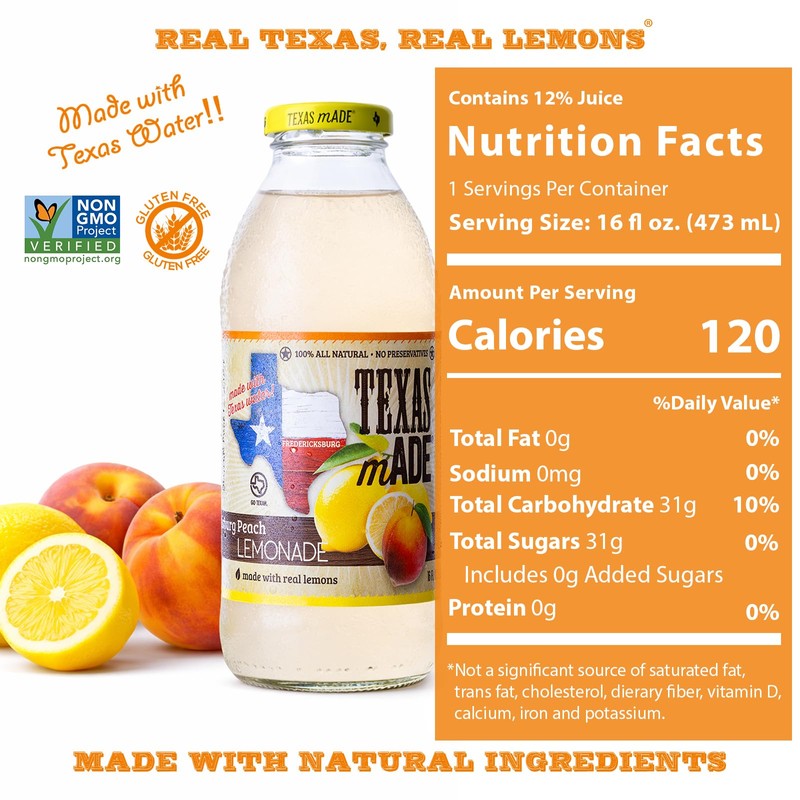 Texas mADE Fredericksburg Peach Lemonade, Lemonade Made with Pure Cane