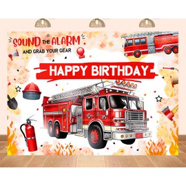 PEKRU 7x5ft Fire Truck Theme Birthday Backdrop Red Fire Truck Hydrant Alarm Boys Birthday Party Decoration Supplies Photo Booth Photography Props