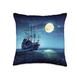 Pirate Ship Sailing Full Moon Night Blue Sea Ocean Tall Ship Throw Pillow