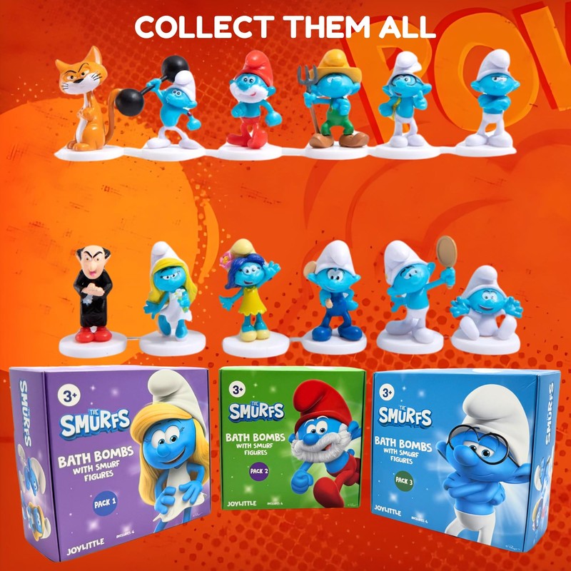 The Smurfs Bath Bombs with Action Figures-Brainy, Handy Smurf, Blossom,