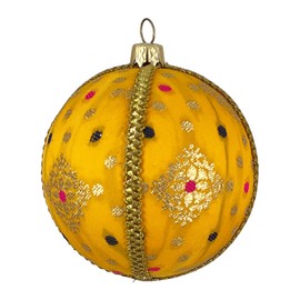 Raunak 8cm Bright Yellow Bauble with Gold Embroidery & Pops of Pink & Purple | Handcrafted Ornament | Eco-Friendly Holiday Décor | Unique Gift for Festive Celebrations