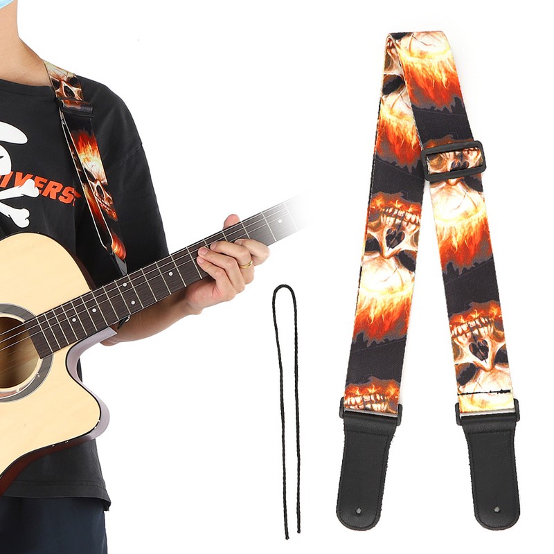 Leather Shoulder Strap Guitar Parts Flame‑Skull‑Pattern Print‑Type Adjustable Length