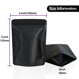 YINGZON 100 Pack Mylar Bags, 5 x 4 inchs Premium Smell Proof Bags with Double-sided Matte Black, Resealable Food Storage Aluminum Foil Stand-up Packaging Bags.