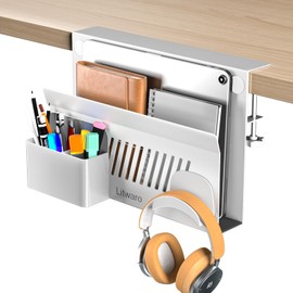 Litwaro Desk Side Storage, Laptop Holder for Standing Desk Accessories, Hanging Desk Organizer with Magnetic Pen Holder, Under Desk Storage for Office - White