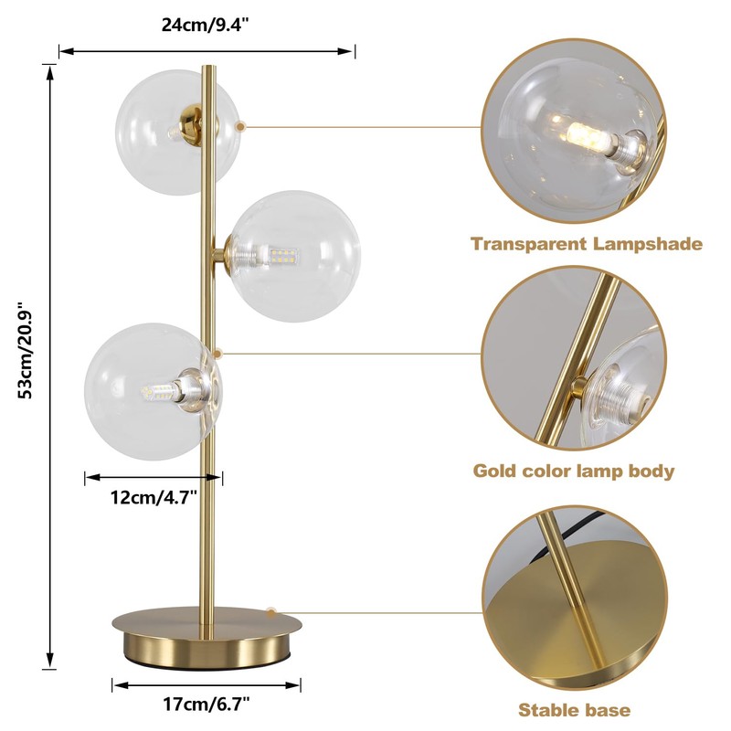 Fulesi Mid Century Globe Table Lamp, Modern 3 Lights Gold