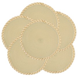fanquare Round Placemats Set of 6 Beige Braided Place Mats with Gold Lace Border Durable Heat Resistant Non-Slip Table Mats for Dining Decoration 34cm