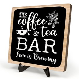 Coffee Bar Plaque, Vintage Desk Decor for Home or Office,Cafe Bar Accessories -The Coffee&Tea Bar Love is Brewing,Coffee Lovers Kitchen Accessories 5.9x5.9inch