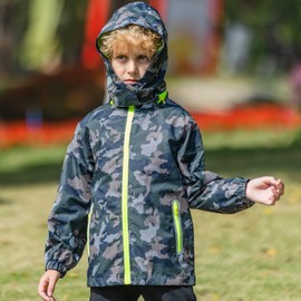 IjnUhb Kids Rain Jacket with Hood,Camo Raincoat for Boys,Waterproof Baby Windbreaker Casual Outerwear(blackcamo,5T)