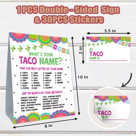 Cidobi What is Your Taco Name Game Set, Taco Games Cads for Boys Girls, 1 Taco Name Game Double Sided Sign, 30 Taco Name Stickers, Birthday Party Game Supplies