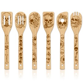 GLOBLELAND 6Pcs Skeleton Bamboo Cooking Utensils Wooden Engraved Cooking Spoons Set Carving Kitchen Bamboo Spatula Set Wood Cooking Spoon for Kitchen Fun House Warming Gift