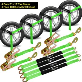 TREKASSY 4 Axle Strap Car Wheel Ratchet Tie Down Straps Snap Hooks Heavy Duty for Trailer