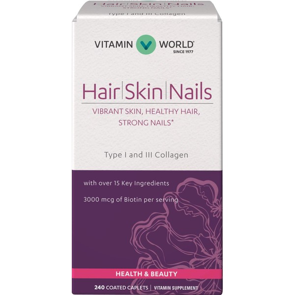 Vitamin World Hair, Skin and Nails Formula 240 caplets, Type I and III Collagen, 3000mcg Biotin, Antioxidant, Coated, Gluten Free