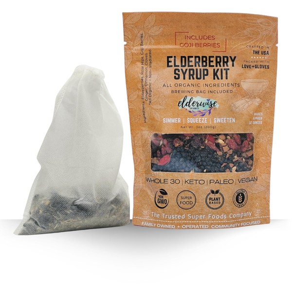 Elderwise Organics Elderberry Syrup Kit (Goji Blend) Ningxia Berry - Brew Bag Included - Organic Elderberries - Rosehips - Ginger - Wolfberry - Cinnamon - Cloves