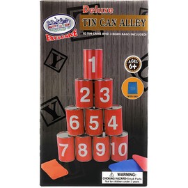 Matty's Toy Stop Deluxe Tin Can Alley Bean Bag Toss Carnival Game with Bonus Storage Bag - Includes 10 Tin Cans, 3 Bean Bags & Storage Bag