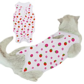 Cat Professional Surgery Recovery Suit, E-Collar Alternative, Cotton Breathable Cat Sterilization Suit for Abdominal Wounds, Pajama Suit for Kitten Anti-Biting Licking - Strawberry/M(5.5-7 lbs)