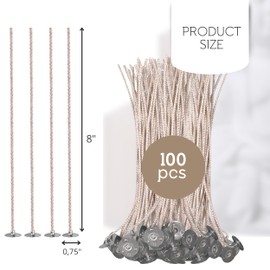 100PCS Pre-Waxed Candle Wick - 8 Inch Thick Candle Wick with Metal Base for Candle Making Cotton Food Grade Wicks for Butter Candle Wicks for Soy Wax Long Wicks for Candlemaking Set