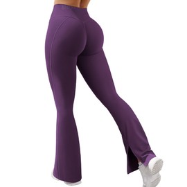 VOYJOY Womens Split Hem Legging Workout High Waist Mini Flared Leggings Casual Workout Gym Yoga Pants Purple