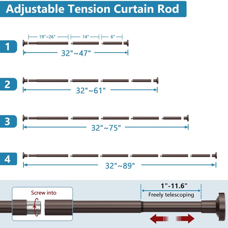 Bonpally Shower Curtain Rod, Adjustable 32-61 Inches Spring Tension Rod,