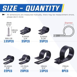 Glarks 135Pcs 6 Sizes 1/4''-1'' Black Nylon Screw Mounting R-Type Cable Clip Wire Clamp with 132Pcs Screws for Wire, Cable, Conduit and Cable Conduit Kit (Black)